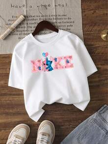 Officially Licensed Disney Lilo & Stitch Kids T-Shirt, 100% Cotton Ultra Comfortable Super Soft Tee For 4-12 Years Old Boys & Girls, Relaxed Fit Stylish Stitch & Angel Print Casual Top, High-Appearance Eye-Catching, Versatile Daily Wear, Ideal For School & Commute, New Arrival, Express Delivery - trắng - Xem 2