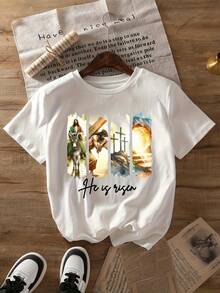 Camiseta cristiana de Pascua para mujer, color amarillo claro, de primera calidad - "Él ha resucitado", presenta un llamativo estampado con una cruz y una escena de resurrección, manga corta, cuello redondo, vestimenta casual para la iglesia, cómoda y lavable a máquina, ropa de primavera para mujer, corte en H de estilo vintage, con un vibrante diseño de cruz y tumba vacía, adecuada para todas las estaciones, top sin relleno con cuello redondo, ideal para el uso diario o ocasiones especiales, ecológica. - Blanco - Ver 6