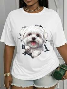 Short-Sleeved T-Shirt With A Puppy Print, Medium Stretch, Machine Washable, A Must-Have For All Seasons, Women's T-Shirt, Comfortable For Everyday Wear, Loose Fit, Stretchy Fabric, Modern And Versatile. 0M0W - 白色 - 查看 6