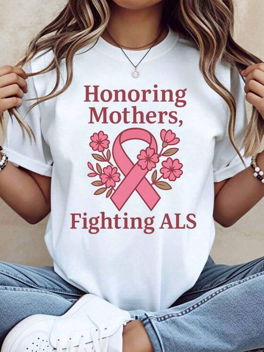 Limited Time Offer, Limited Quantity Available, Lightning, Women's Shirts, Women's T-Shirts. A Tribute To Mothers Fighting ALS: The Floral T-Shirt With A Pink Ribbon Aims To Raise Awareness And Provide Support To Breast Cancer Patients. - 白色 - 查看 1