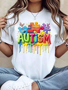 Novedad de Moda Verano Unisex Camiseta Gráfica Pieza de Rompecabezas Concientización sobre el Autismo, Cuello Redondo, Manga Corta, Estampado Colorido, Para Defensa de Derechos, Apoyo y Atuendos Casuales, Camiseta Casual de Mujer - Estilo Urbano Vintage Unisex, Camiseta Holgada de Algodón de Manga Corta con Cuello Redondo - Blanco - Ver 9