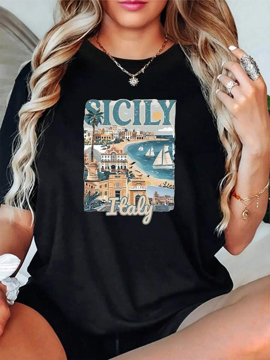 Camiseta de mujer, camiseta de mujer con estampado vintage siciliano, top ligero de cuello redondo, diseño playero, lavable a máquina, camisa informal para viajes de verano, ropa para fiestas de vacaciones de adultos, ropa para celebraciones estacionales, estampados divertidos de temporada. - Negro - Ver 1