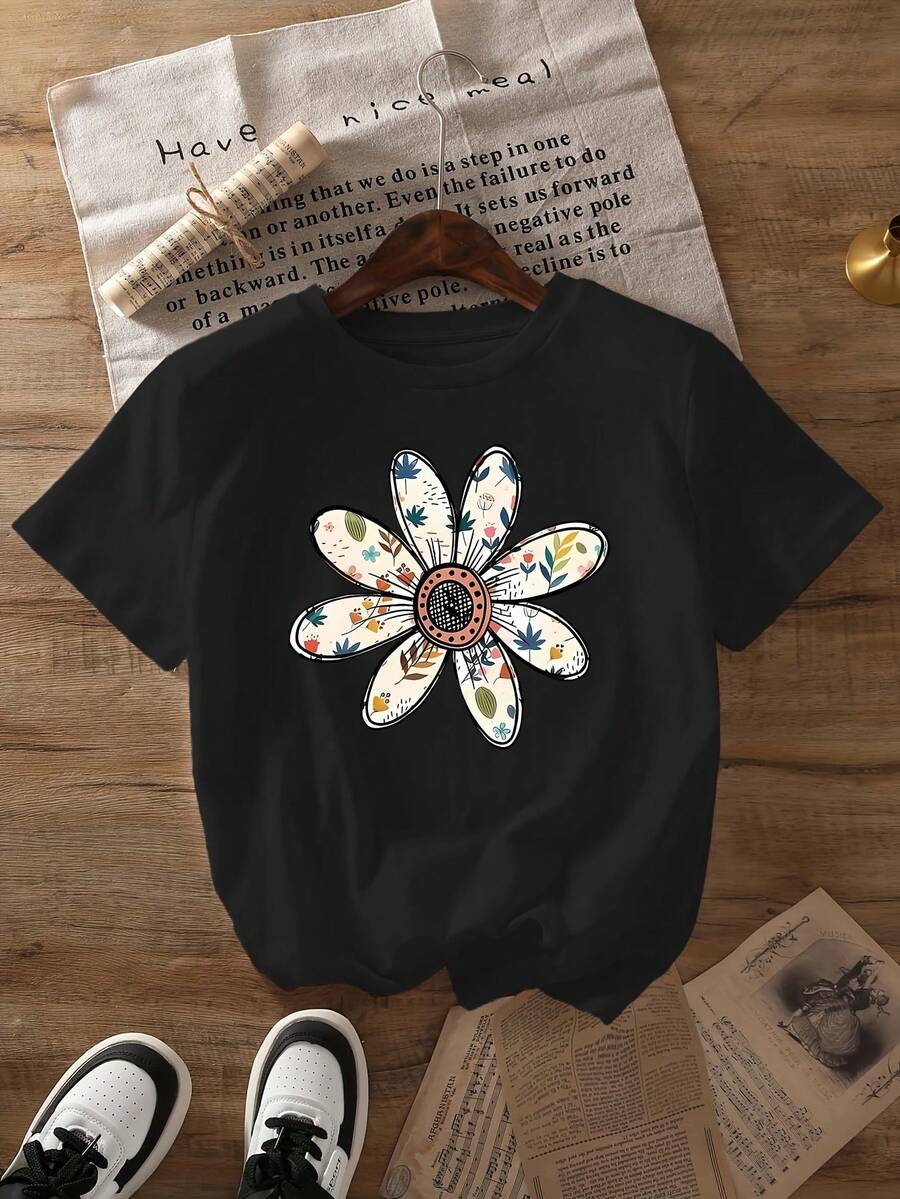 1 pieza de camiseta de mujer de talla grande con estampado de lirios coloridos - top casual de manga corta y cuello redondo, hecha de tela de poliéster suave, con diseño floral brillante, adecuada para verano y primavera, lavable a máquina, camiseta de mujer de 180g 100% algodón. - Negro - Ver 1