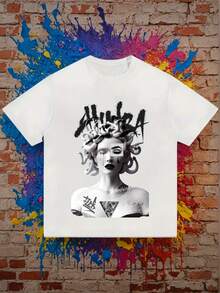 Camiseta gráfica de cuello redondo para hombre, hecha de algodón puro, estampada con la palabra "Hustla" y un diseño de retrato audaz, estilo urbano, adecuada para usar en primavera, verano, otoño e invierno, cómoda y lavable a máquina, camiseta gráfica divertida, blusas para mujer, blusas elegantes dama. - Blanco - Ver 6