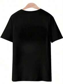 1 pieza de camiseta de mujer 100% algodón, de corte holgado, con una linda ilustración de un vaso de bebida con la palabra "HAPPY" y un estampado gráfico de letras japonesas, suave, transpirable, informal, de corte holgado, ideal para el ocio diario y el uso en verano. 180g 100% algodón, los diseños están impresos. Unisexo. - Negro - Ver 2