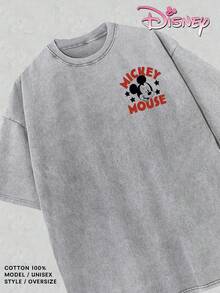 Disney Women's Washed Cotton T-Shirt, Classic Mickey Mouse 1928, Red And Black Retro Print, American Style With Double Graphic On The Front And Back, Suitable For Daily Commuting, Campus Wear, And Casual Street Style. - Xám - Xem 5