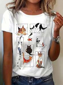 ropa de mujer  Cute Cartoon Lazy Cat Print Casual Women Round Neck T-Shirt Top  camisas de mujer - Blanco - Ver 1