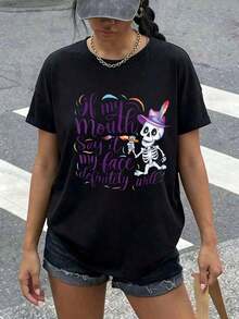 Camiseta de Moda NUEVA IfMyMouthSayItMyFaceDefinitelyWillFunnySkeletonGraphic para Mujer, Camiseta de Algodón Casual con Estampado de Esqueleto Sarcástico, Corte Holgado, Manga Corta, Cuello Redondo, Ropa de Moda Mexicana para Mujer, Estilo Vintage Urbano, Unisex, Camiseta de Algodón Holgada de Manga Corta con Cuello Redondo - Negro - Ver 1