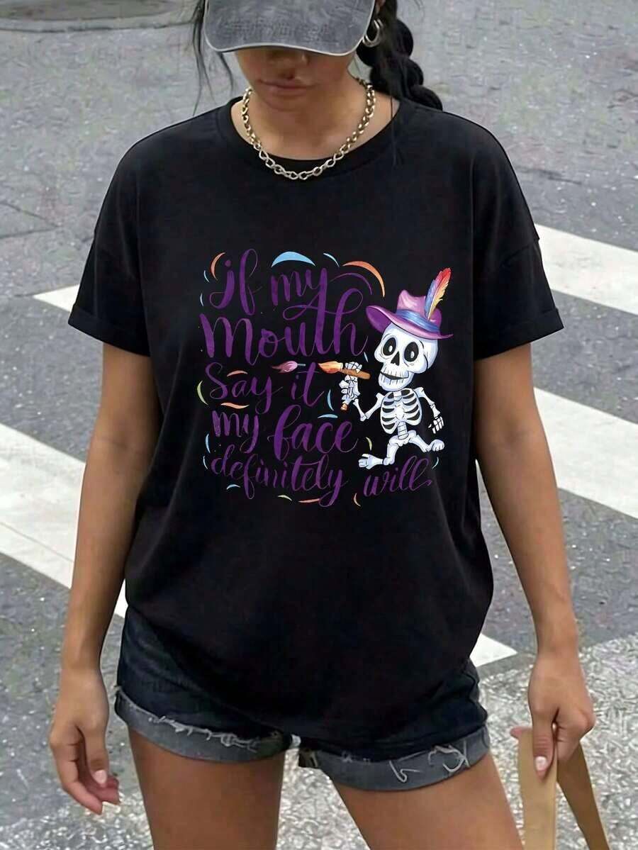 Camiseta de Moda NUEVA IfMyMouthSayItMyFaceDefinitelyWillFunnySkeletonGraphic para Mujer, Camiseta de Algodón Casual con Estampado de Esqueleto Sarcástico, Corte Holgado, Manga Corta, Cuello Redondo, Ropa de Moda Mexicana para Mujer, Estilo Vintage Urbano, Unisex, Camiseta de Algodón Holgada de Manga Corta con Cuello Redondo - Negro - Ver 1