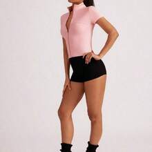 MewMuse. Dewbera Chaqueta de yoga ajustada con cremallera para mujer, ropa deportiva básica y versátil, con cuello lindo, de manga corta y ajustada - Rosa Pálido - Ver 5