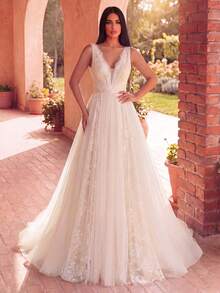 Faeriesty Elegant White Contrast Mesh Lace A-Line V-Neck Sheer Back Sleeveless Chiffon Formal Evening Gown, Suitable For Wedding Ceremony, Bridal Party, Formal Dinner Spring - White - View 1