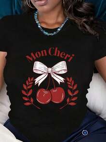 Camiseta Vintage de Algodón Mon Cheri con Estampado de Cerezas, Lazos y Hojas, Talla Grande, Cuello Redondo, Manga Corta para Mujer, Diseño Casual, Ropa de Casa y Deportiva, Cómoda, Transpirable, 100% Algodón, 220g, para Uso Diario - Negro - Ver 7