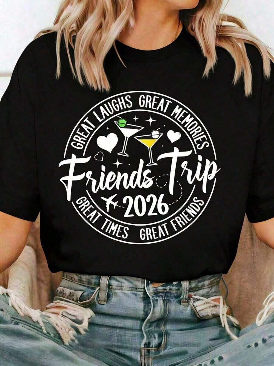 Camiseta de Algodón Vintage, Envío Local - Ropa Casual Elegante de Algodón Puro para Mujer, Éxito de de Verano. Camiseta de Algodón para Mujer, para Viajes y Vacaciones 2026, Camiseta a Juego para Grupos de Amigos, Camiseta Cómoda para Mujer, Ideal para Uso Diario. - Negro - Ver 1