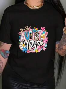 Camiseta de Mujer con Estampado de Madre Autista, Manga Corta, Cuello Redondo, Estilo Casual, Adecuada para Verano y Primavera, Ropa de Mujer - Negro - Ver 1