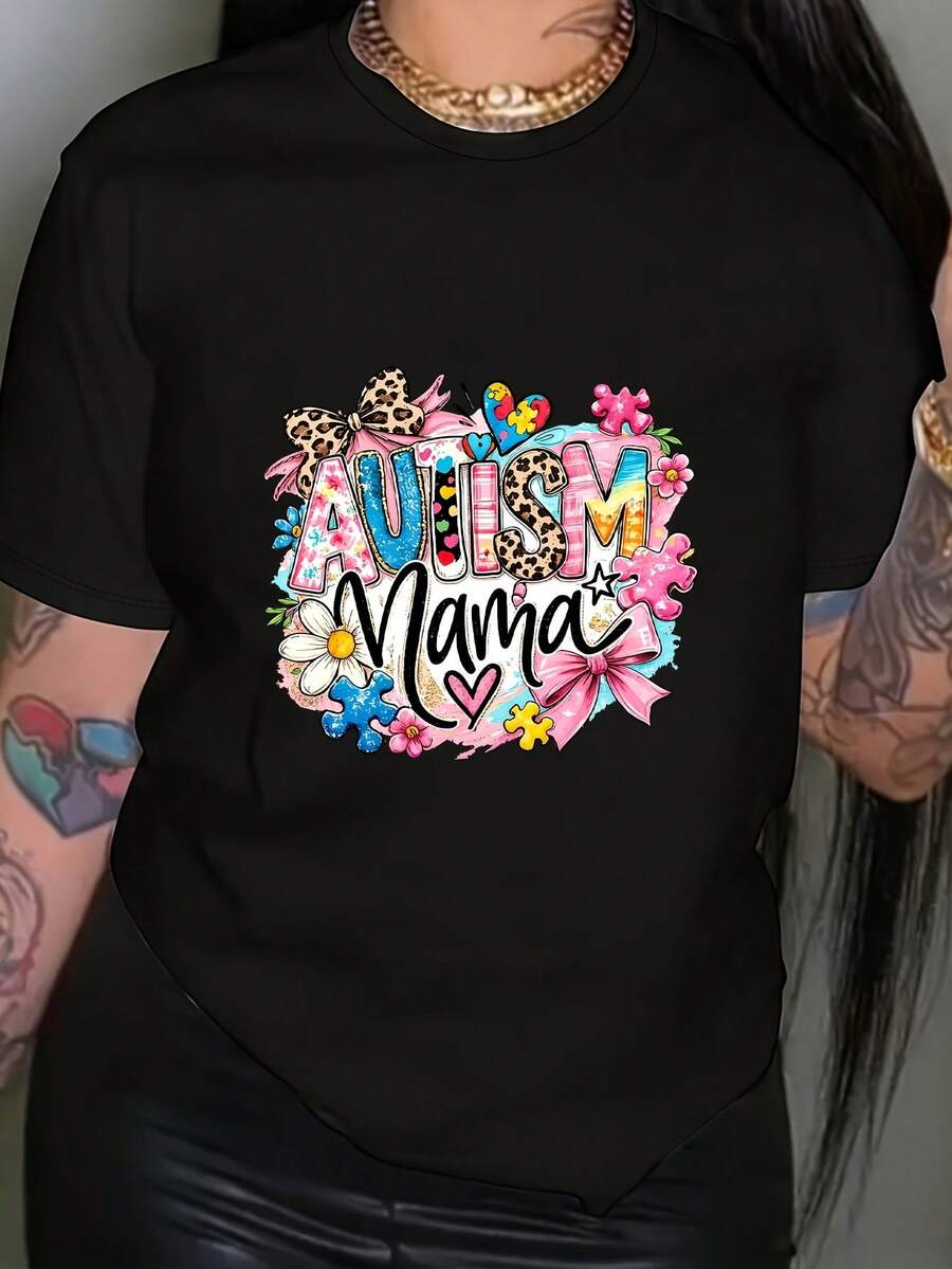 Camiseta de Mujer con Estampado de Madre Autista, Manga Corta, Cuello Redondo, Estilo Casual, Adecuada para Verano y Primavera, Ropa de Mujer - Negro - Ver 1