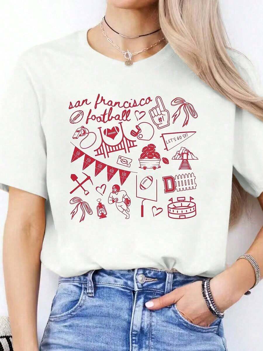 Women's T-Shirt 100% Cotton With Rugby Team Print, Casual Spring/Summer T-Shirt, Short Sleeve Sports T-Shirt With Round Neck, Women's Top, Lightweight, Breathable, Summer Hit. - 白色的 - 查看 1