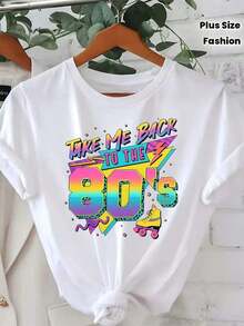 Camiseta de algodón de manga regular y cuello redondo para mujer, talla grande, estilo retro de los 80, transpirable y cómoda. - Blanco - Ver 7