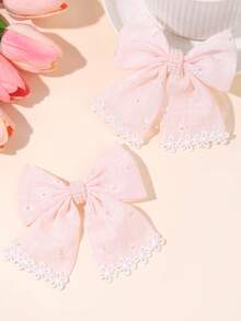 2pcs Pink Bow Hair Clips,Exquisite Lace Embroidery Hair Bow Clips With Flowers&Pearls,Little Daisy Embroidery Bowknot Barrettes,Pastoral Style Hair Pins,Spring Summer Fashion Hair Clips For Girls,Teens Hair Accessories,Great For Daily Life,Spring Summer Outings,Weddings Parties,Spring-Themed Parties,Amusement Parks,Travel,Vacations - Pink - View 6