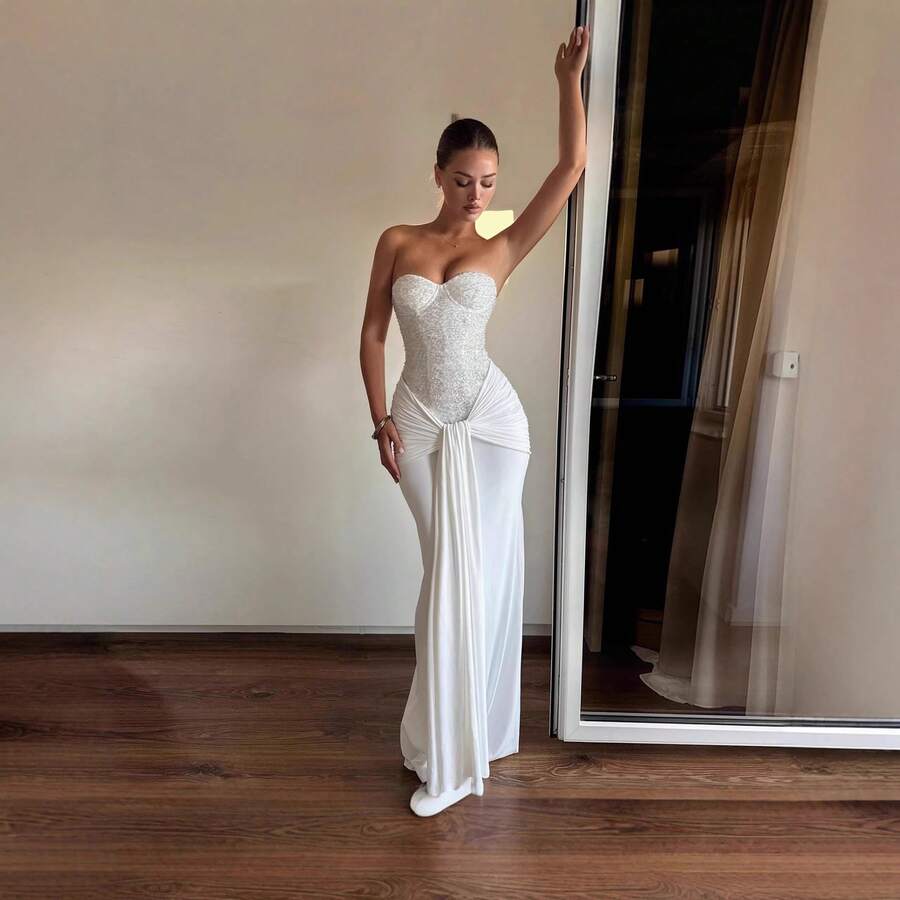 European And American Women's Fashion 2026 Autumn New Sexy Hot Girl Strapless Dress With Sparkling Diamonds, High Waist, Slim Fit, Solid Color Dress For Women - 白色 - 查看 1