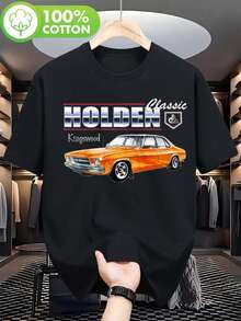 Camiseta de hombre con diseño de coche clásico retro Horton HQ Kingswood - Tema de coches nostálgicos australianos, camiseta de algodón puro de 180g, adecuada para fans y entusiastas de Horton, cómoda camiseta de manga corta para uso diario, estilo casual, corte holgado, ropa informal. - Negro - Ver 1