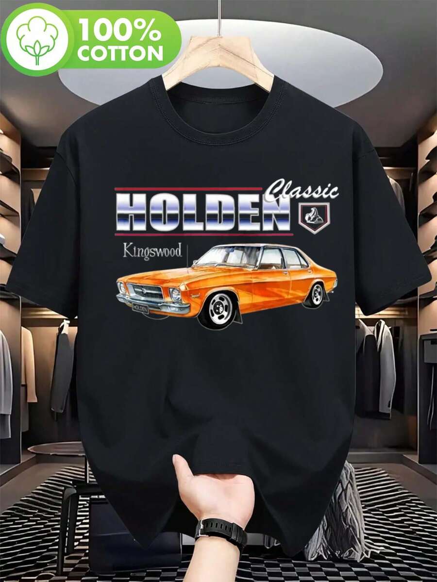 Camiseta de hombre con diseño de coche clásico retro Horton HQ Kingswood - Tema de coches nostálgicos australianos, camiseta de algodón puro de 180g, adecuada para fans y entusiastas de Horton, cómoda camiseta de manga corta para uso diario, estilo casual, corte holgado, ropa informal. - Negro - Ver 1