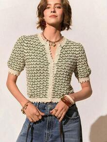 Nueva llegada Primavera/Verano Blusa de punto de manga corta con estampado de rayas retro francés, patchwork y calado para mujeres - Verde - Ver 6