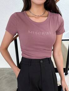 Camiseta bordada con letras, Crop Tops para Mujer - Rosa - Ver 9
