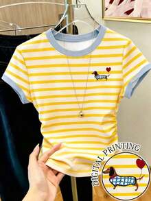 Camiseta de manga corta con pliegues y rayas, casual de verano para mujer - Multicolor 7 - Ver 1