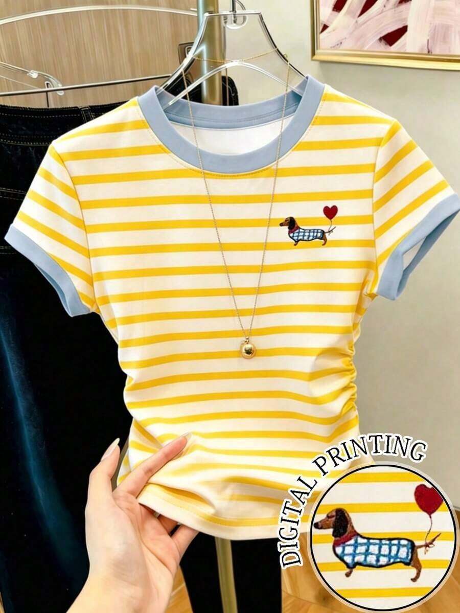 Camiseta de manga corta con pliegues y rayas, casual de verano para mujer - Multicolor 7 - Ver 1