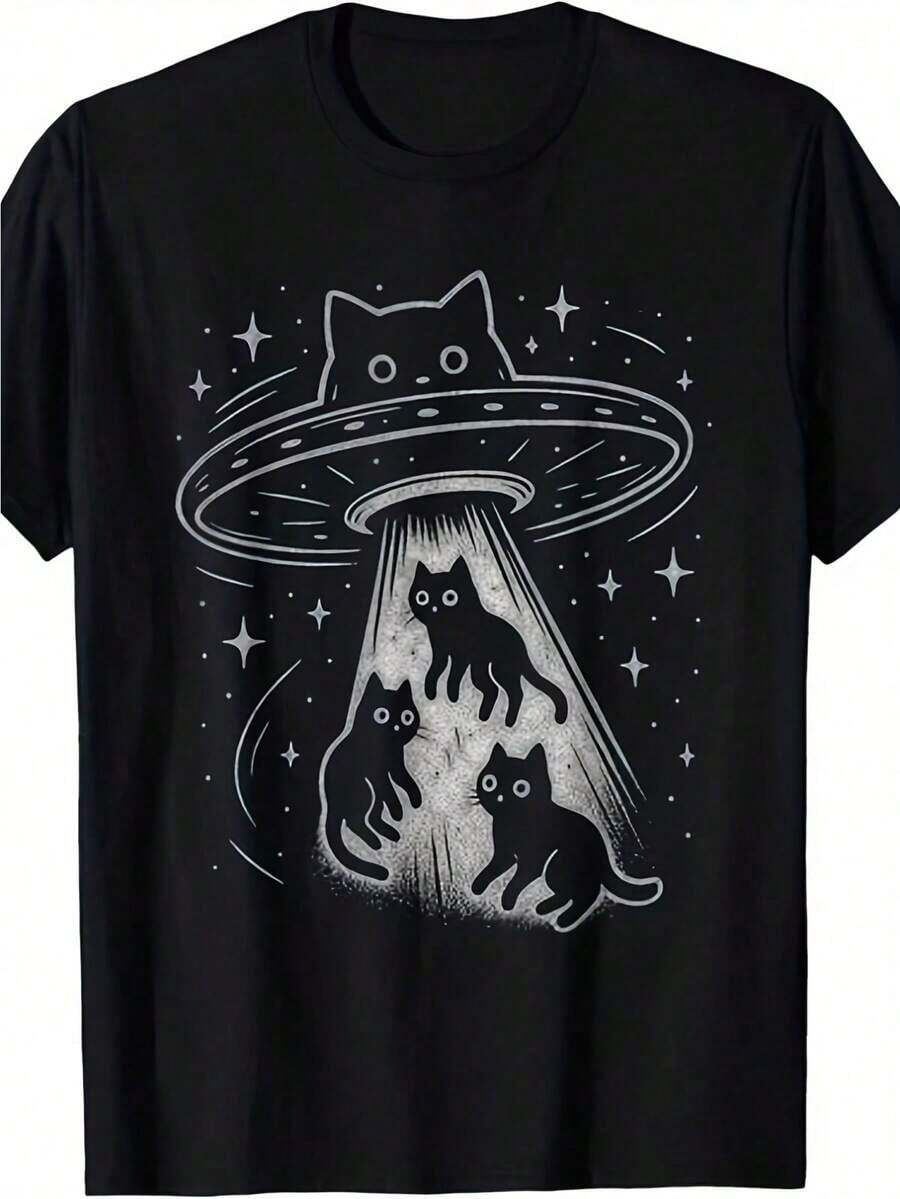 Camiseta Divertida con Diseño de Gato OVNI, Gato Adorable, Nave Espacial, Alienígena, Estética | Camiseta Casual de Manga Corta para Hombre, Ajuste Cómodo, Estampado Divertido, Cuello Redondo, Uso en Todas las Temporadas - Blanco - Ver 1