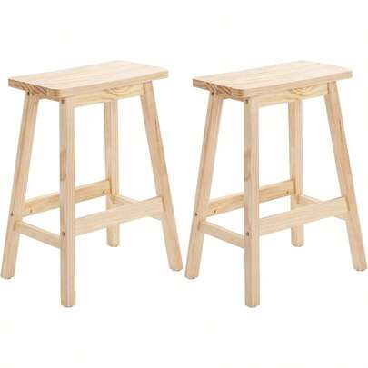 Home Natural Wood Bar Stool Set Of 2 With Footrest, 24 Counter Height Black Bar Stools Kitchen Living Room, Rustic Wooden Chair Dining, 300LBS Capacity, 16 Lx 9x 24 H