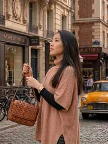 Women's High-Neck Knit Coat, Cape Style, Ideal For Autumn And Winter Looks, Perfect For The Blogger Style. High In The Front And Low In The Back. Pointelle Knit. - Camel - View 2