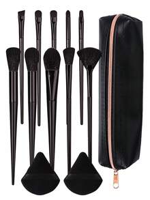 13PCS Black Makeup Brush Set With Bag&Powder Puffs, Professional Brushes For Foundation, Eyeshadow & Blush, All-In-One Kit - Black - View 3
