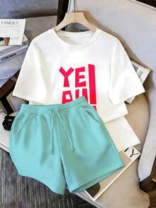 Conjunto Casual para Mujer, Playera con Estampado de Letras Rojas Llamativas + Pantalones Cortos de Dos Piezas - Camiseta blanca + pantalones cortos VERDE MENTA - Ver 6