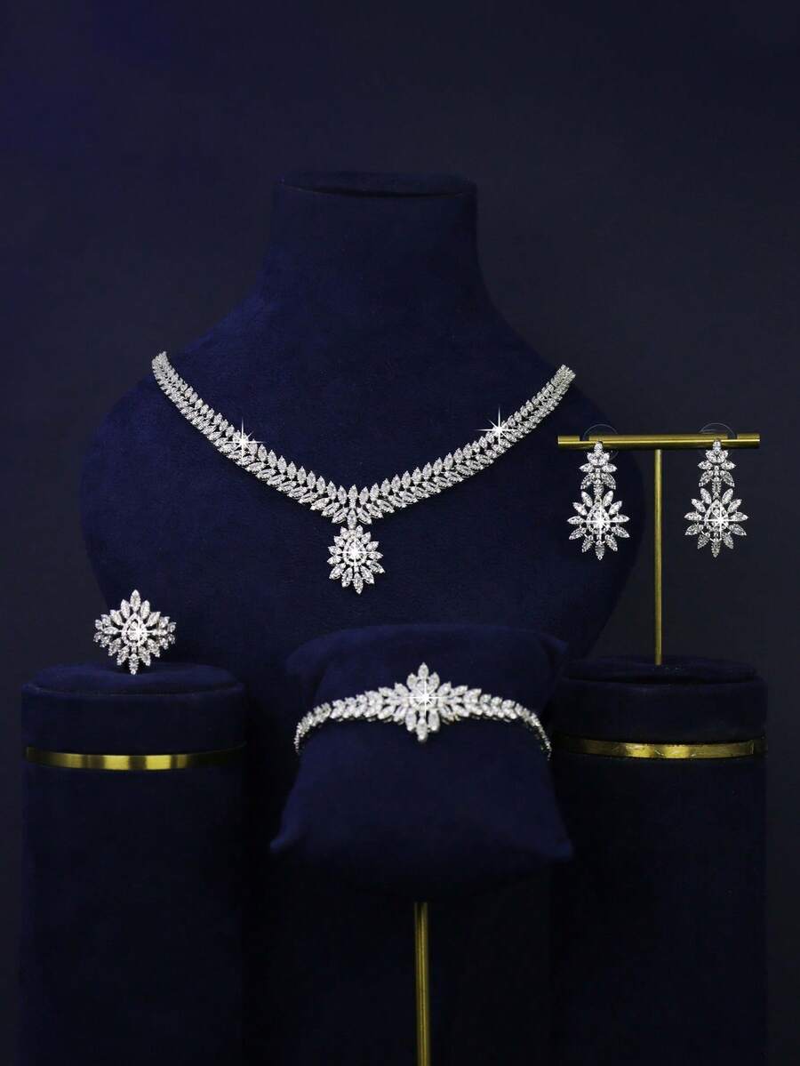 Juego de joyería de 5 piezas chapado en oro blanco de estilo real con colgante de girasol y gota, engastado con circonita cúbica blanca, que incluye collar, pulsera, aretes y anillo, adecuado para uso diario y bodas, regalo de aniversario de boda (incluye caja de regalo de lujo) - Juego de gotas de agua con girasol - Ver 1