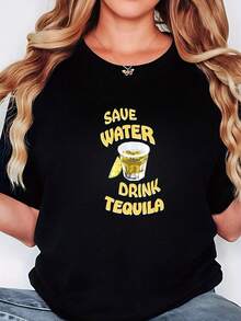 Camiseta de talla para mujer, informal, estampada con el eslogan Save, Drink Tequila y un diseño de margarita, negra con letras amarillas, suave, elástica, de cuello redondo y manga corta, adecuada para primavera y verano, lavable aáquina - Camiseta unisex de algodón, estilo vintage urbano, holgada, de manga corta y cuello redondo. - Negro - Ver 6
