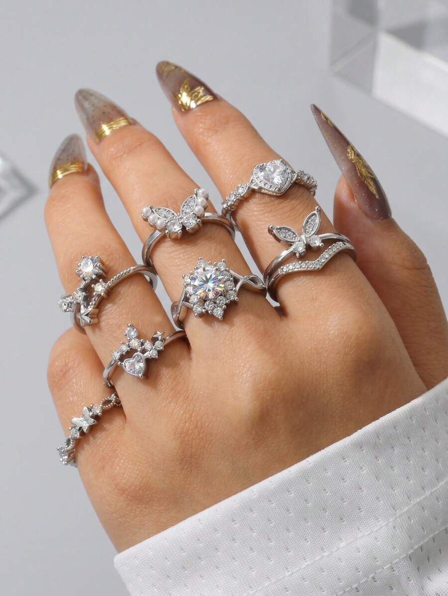 7件套复古波西米亚风金银色水钻蝴蝶星芒心形V形戒指套装，可叠戴指节指环，适合女士日常佩戴，学校、聚会、音乐会、节日派对等场合，亦可作为珠宝礼物。 - 7件金色 - 查看 1