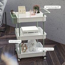 Rolling Serving Trolley With 3 Shelves And Hanging Basket, Kitchen Trolley Made Of Steel In White, Practical Storage Trolley With Handle - White - View 4