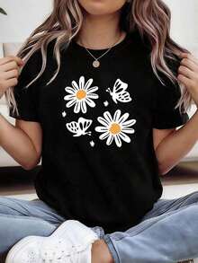 Camiseta CasualWos con Estampado Floral, Mangas Cortas y Cuello Redondo, Ropa Casual de Verano para Mujer - Negro - Ver 7