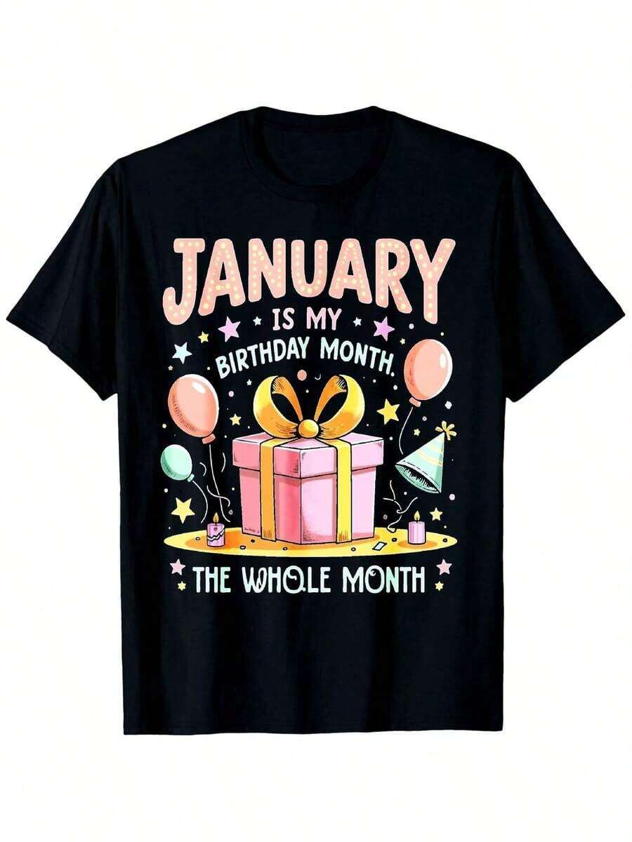 Camiseta única y colorida con el diseño divertido de cumpleaños para enero perfecta para celebrar tu mes especial con estilo y alegría ideal para amantes de la moda y la estética y2k además de ser perfecta para regalar en cualquier ocasión - Negro - Ver 1