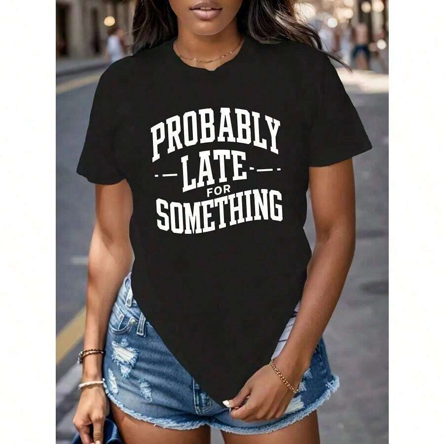 100% algodón puro, para mujer Camiseta de mujer Alta elasticidad Poliéster-Spandex Mezcla Camiseta Con Negrita Carta Imprimir - Máquina Lavable Redondo Cuello Corto Manga Superior Para Primavera Verano Otoño Informal Desgaste, Estacional Versátil Tee, Relajado Ajuste Tee, Cómodo Tela, Todos los días Tee, Transpirable Material, Impreso Tee, Ropa urbana Estilo - Negro - Ver 1