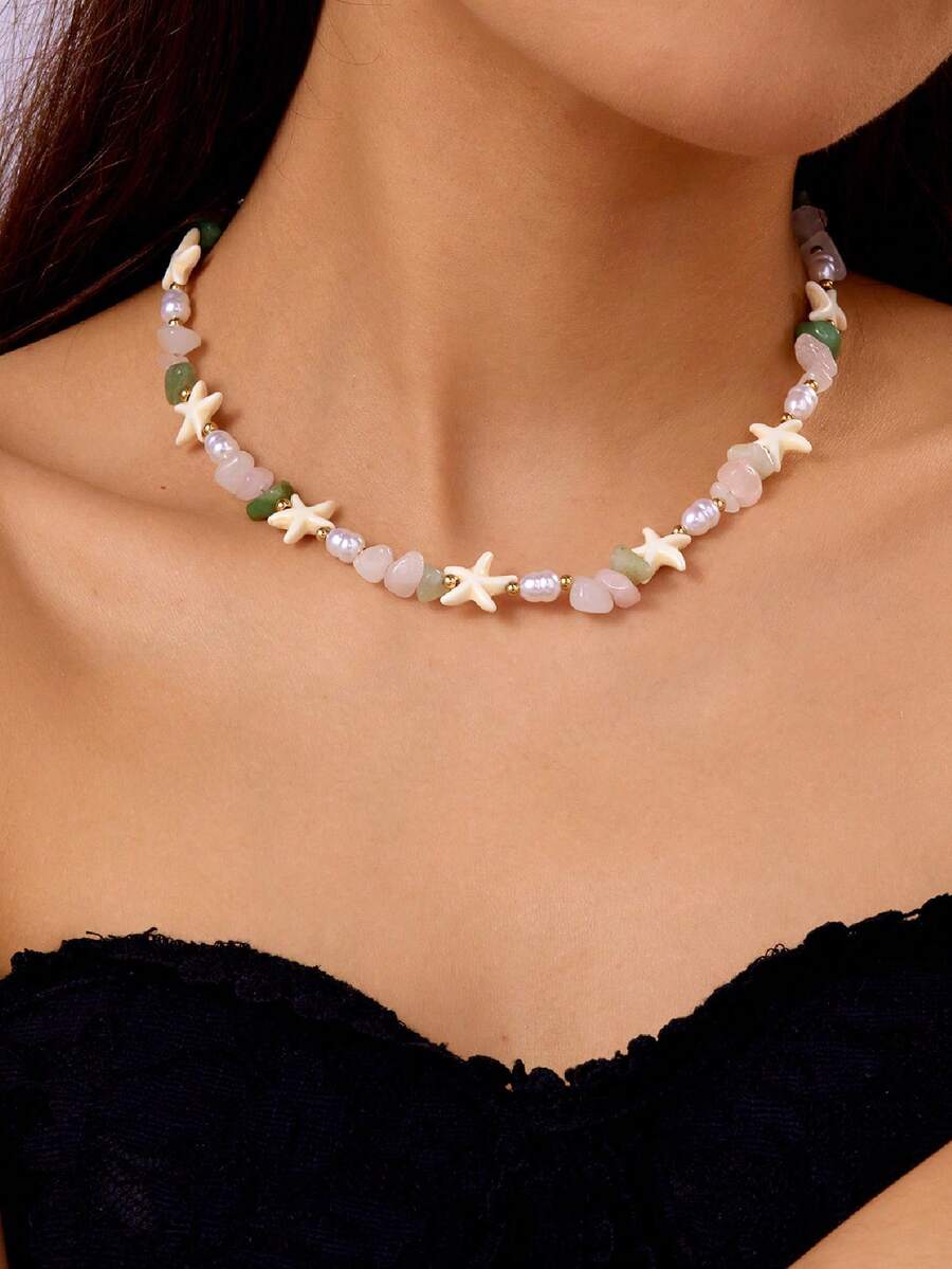 Bohemian Style Sea Star Natural Stone Necklace - Summer Beach Seaside Vacation Style Collar Chain - Multicolor - View 1