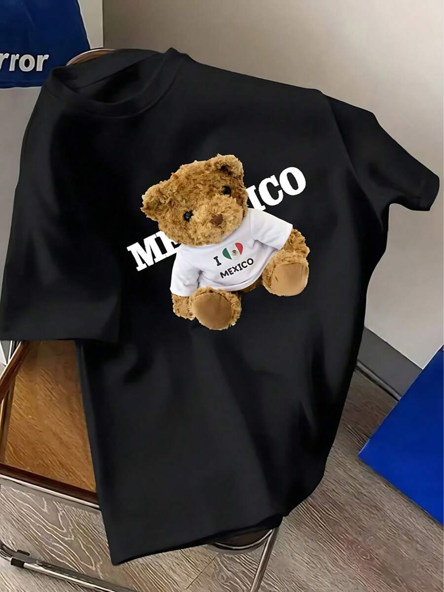 Camiseta de manga corta unisex con estampado de oso adorable para verano, corte holgado, 100% algodón, diseño clásico en blanco y negro versátil, apta para usar todo el año. - Negro - Ver 1