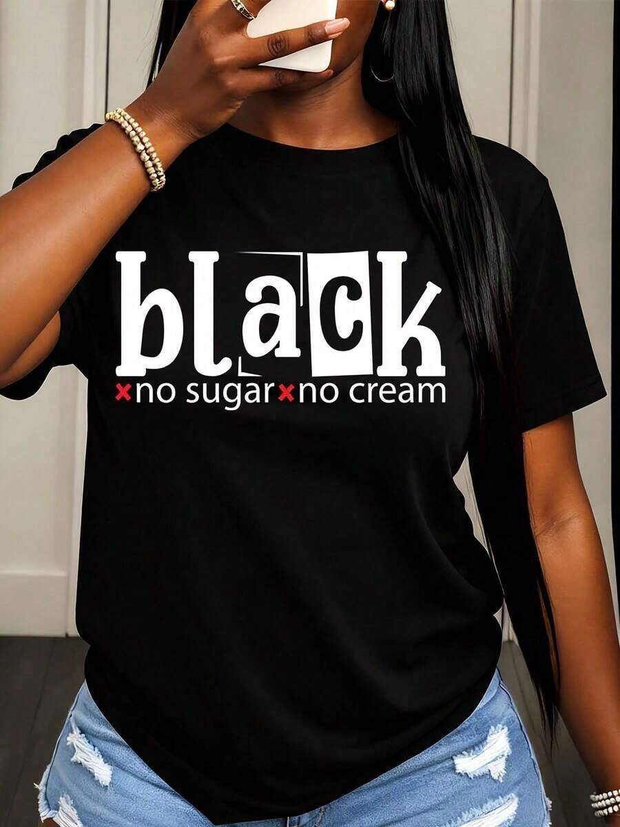 Camiseta de manga corta para mujer, color negro, con estampado de café, sin azúcar ni crema, estilo casual para uso diario. - Negro - Ver 1