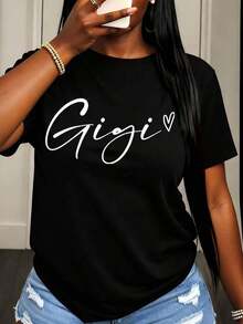 Camiseta de manga corta para mujer con estampado de corazón Gigi, top casual de verano para abuela, ideal para salidas familiares. - Negro - Ver 1