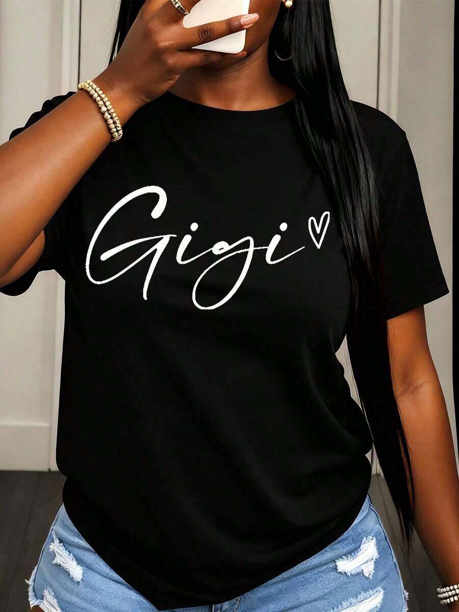 Camiseta de manga corta para mujer con estampado de corazón Gigi, top casual de verano para abuela, ideal para salidas familiares. - Negro - Ver 1