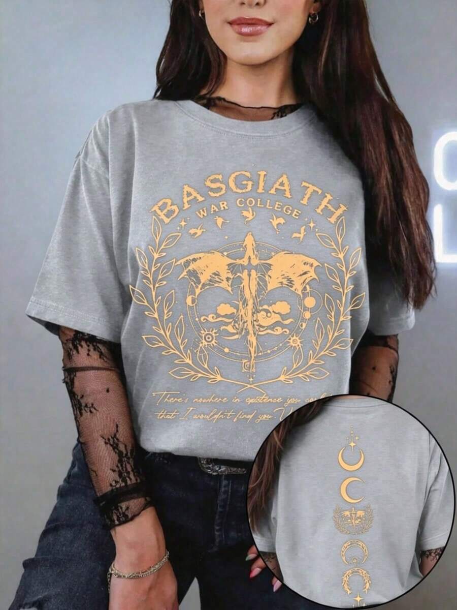 Y2k Fall Clothes T Shirt Fourth Wing Rebecca Yarros Dragon Rider Violet Sorrengail ACOTAR Merch Loose Womens Graphic Tee Vintage Summer Casual Tops - 灰色 - 查看 1