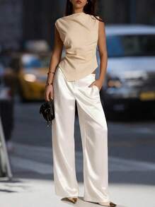 Elegaris Damen Satin Seide einfarbige Hose mit Taschen und Reißverschluss, geeignet für Urlaub, Büro, Brunch, Flughafen-Outfit, ganzjährig Weiß Frühling - Weiss - Übersicht 1