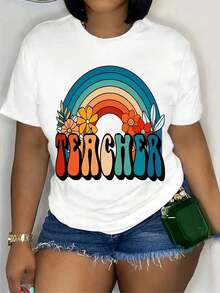 Camiseta de manga corta 100% algodón, suave y transpirable, para mujer, con estampado gráfico temático de maestros, cuello redondo informal para la temporada de regreso a clases, camiseta versátil para educadores y madres, camiseta de maestro para uso diario. - Blanco - Ver 1