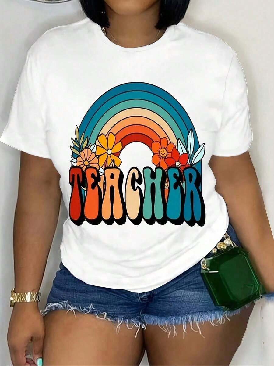 Camiseta de manga corta 100% algodón, suave y transpirable, para mujer, con estampado gráfico temático de maestros, cuello redondo informal para la temporada de regreso a clases, camiseta versátil para educadores y madres, camiseta de maestro para uso diario. - Blanco - Ver 1